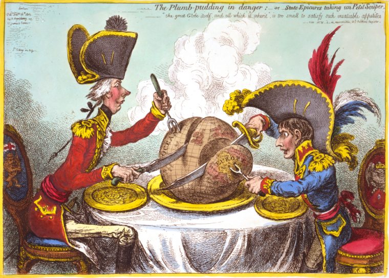 Caricature of Napoleon and William Pitt carving upt the world.